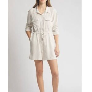 NWT Caslon Stripe Long Sleeve Linen Blend Romper Tan Safari - White Leah‎ Stripe